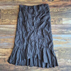 Ronen Chen Crinkle Ruched Ruffle Midi Pencil Skirt Hi-Low Black Zip